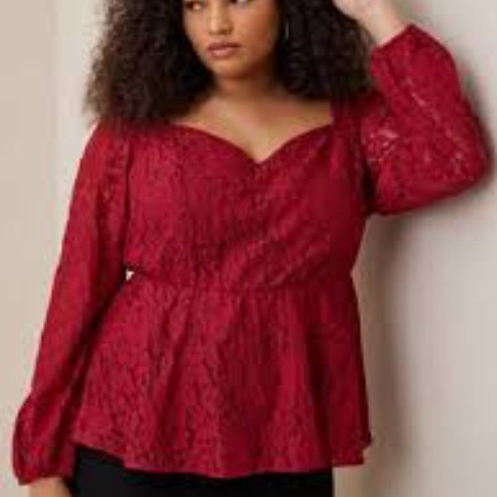 Torrid Red Floral‎ Lace Peplum Blouse Square Neck Keyhole Back Plus Size 2 NEW